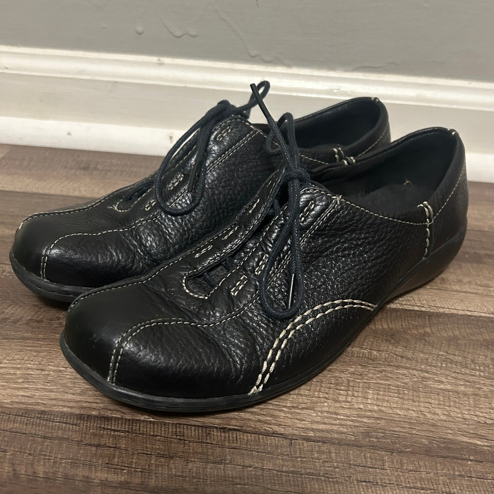 Clarks Leather Oxfords Women 7.5 Black Contrast Stitch Pebbled Comfort Twee Chic